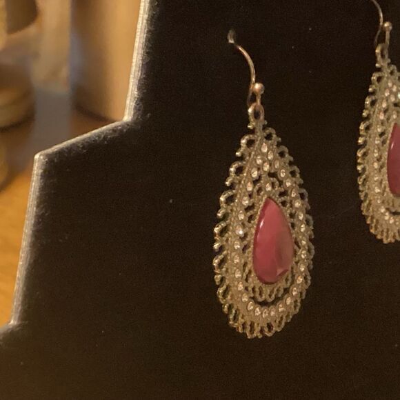 Ruby Red Silvertone Sparkly Pierced Earrings - Picture 3 of 6